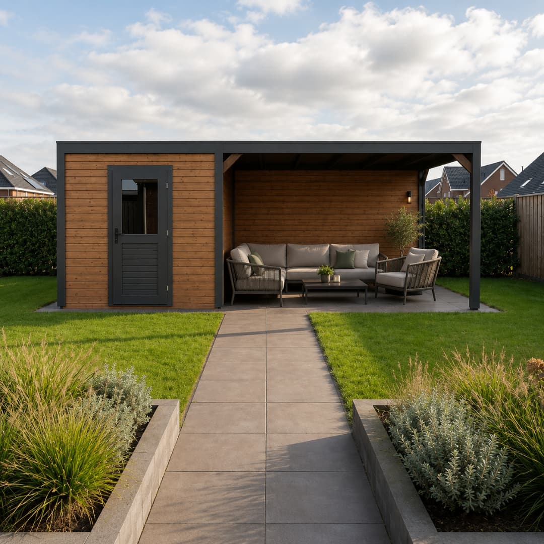 Modern tuinhuis met overkapping met glazen schuifwanden